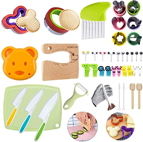 LETTO & TAILOR 41 Pieces Wooden Kids Kitchen Knife Set and Sandwich Cutter for Kids Gloves Cutting Board Fruit Vegetable Crinkle Cutters Sandwich Cutter, Mickey Shapes Mold