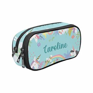 personalized unicorns and flowers pencil case, pencil bag with zipper, pencil pouch organizer with name, pencil box for students girls teens, gift for birthday, children’s day and back to school