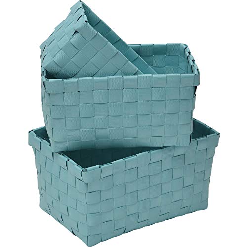 EVIDECO 8400147 Checkered Woven Strap Storage Baskets Totes Set of 3 Turquoise Blue, 7.8 L x 5.3 W x 4.2 H