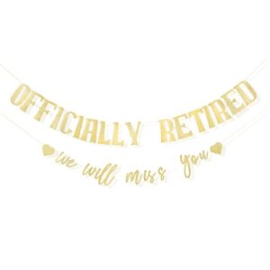 yesswl officially retired banner – gold glitter men’s ladies happy retirement party decoration, we will miss you decorations, going away party decorations, retirement banner photo booth props
