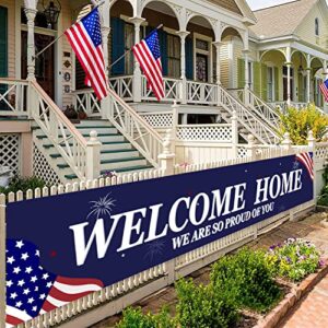 welcome home banner white and blue homecoming party backdrop welcome home we are so proud of you banner for returning party supplies and military army homecoming party decor 71″ x 15.7″