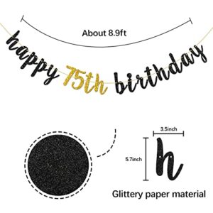 INNORU Happy 75th Birthday Banner, Black Glitter Cheers to 75 Years Party Bunting Decorations