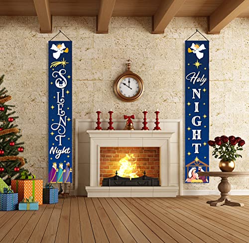 Christmas Decorations - Manger Scene Porch Banner Merry Christmas,Indoor Outdoor Holy Nativity Yard Sign with Stakes for Christmas Outdoor Lawn Decorations for Church,Home,Businesses,Stores,Parties