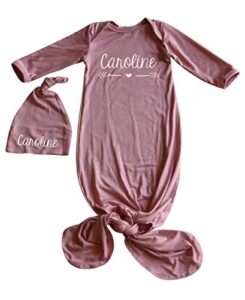 silky knotted baby gown with personalized matching silky knotted hat, unisex, boys, & girls, infant sleeper-personalized with name-heart and arrow (0-3 months, silky dusty rose)