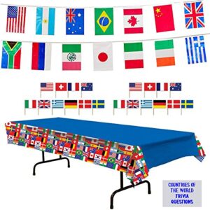 international flags party decorations – international flags tablecover, 23 ft pennant flag banner, toothpick flags (50), and countries of the world trivia questions