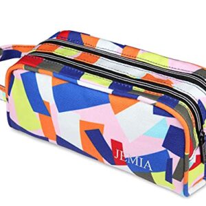 JEMIA Dual Compartments Collection 2 Independent Zipper Chambers with Mesh Pockets and Handle Strap Pencil Case (Geometric, Polyester)