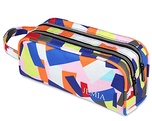 JEMIA Dual Compartments Collection 2 Independent Zipper Chambers with Mesh Pockets and Handle Strap Pencil Case (Geometric, Polyester)