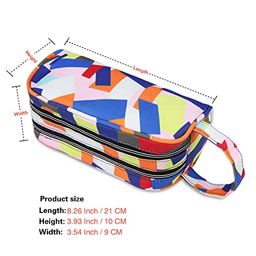 JEMIA Dual Compartments Collection 2 Independent Zipper Chambers with Mesh Pockets and Handle Strap Pencil Case (Geometric, Polyester)