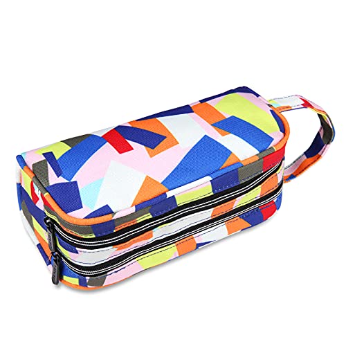 JEMIA Dual Compartments Collection 2 Independent Zipper Chambers with Mesh Pockets and Handle Strap Pencil Case (Geometric, Polyester)