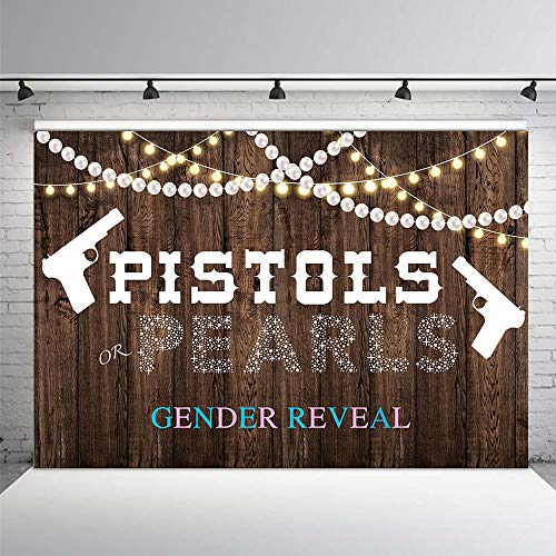 MEHOFOND Pistols or Pearls Gender Reveal Baby Shower Party Photo Background Props Rustic Wood Glitter Lights Pearls Boy or Girl Baby Shower Decoration Backdrops Banner for Dessert Table Supplies 7x5ft