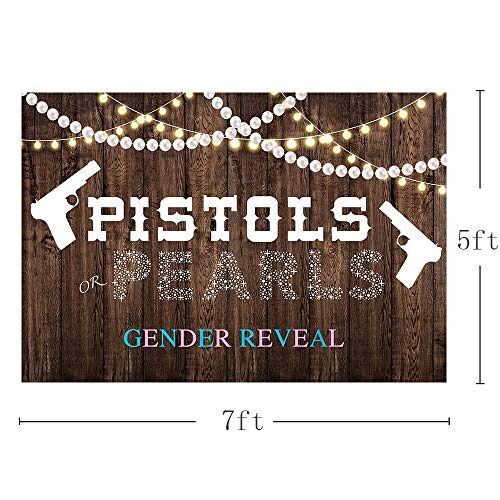 MEHOFOND Pistols or Pearls Gender Reveal Baby Shower Party Photo Background Props Rustic Wood Glitter Lights Pearls Boy or Girl Baby Shower Decoration Backdrops Banner for Dessert Table Supplies 7x5ft