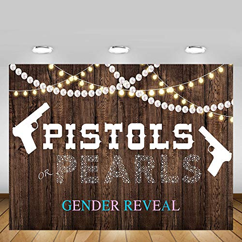 MEHOFOND Pistols or Pearls Gender Reveal Baby Shower Party Photo Background Props Rustic Wood Glitter Lights Pearls Boy or Girl Baby Shower Decoration Backdrops Banner for Dessert Table Supplies 7x5ft