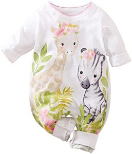 aoswep – cute giraffe + zebra with floral print long sleeve baby girl clothes white jumpsuit for baby one-piece romper (0-3 months)