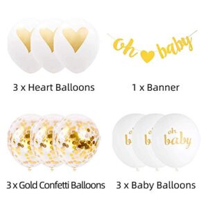 CoolerthingsDG Baby Shower Decorations Neutral Decor Strung Banner & 9PC Balloons w/Ribbon [Gold, Confetti, White] Kit Set | Hang on Wall | Glitter Unisex Pregnancy Announcement Gender Reveal Party