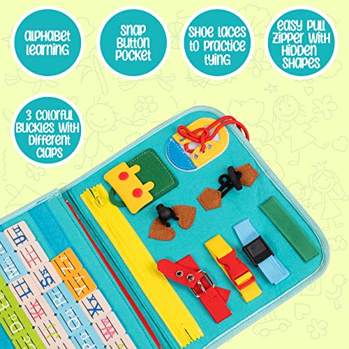 Montessori Busy Board for Toddlers with Buckles, Shoe Laces, Buttons, Zippers, Numbers & More - Sensory Board to Keep Kids Busy During Plane & Car Travel or in Waiting Rooms 001