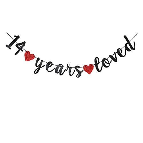 14 Years Loved Black Paper Sign for Boy/Girl's 14th Birthday Party Supplies, 14th Wedding Anniversary Party Decorations