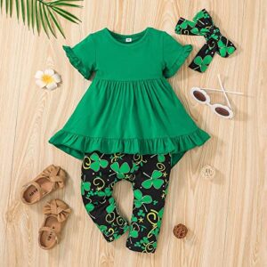 Krogubis Toddler Baby Girl St. Patric.k's Day Outfit 3Pcs Long Sleeve Ruffle T-Shirt Tops Blouse Pants Hairband Pants Set (Green, 6-9 Months)