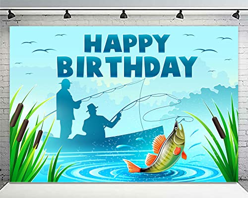 Gone Fishing Happy Birthday Banner Backdrop Fish Fisher Fisherman Theme Decor Decorations for 1st Birthday Party Baby Shower Retirement Party Fishing Party Supplies Favors Background