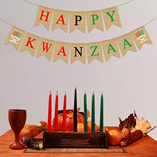 Rainlemon Jute Burlap Happy Kwanzaa Banner Rustic African Heritage Holiday Party Mantel Fireplace Decoration Supply