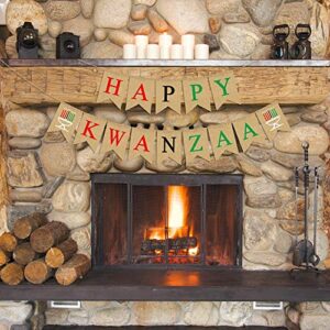 Rainlemon Jute Burlap Happy Kwanzaa Banner Rustic African Heritage Holiday Party Mantel Fireplace Decoration Supply