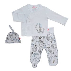 magnetic me 100% organic cotton magnetic kimono baby clothing outfit 3-piece set shirt, footed pants, hat ellie go lucky blue 0-3 months