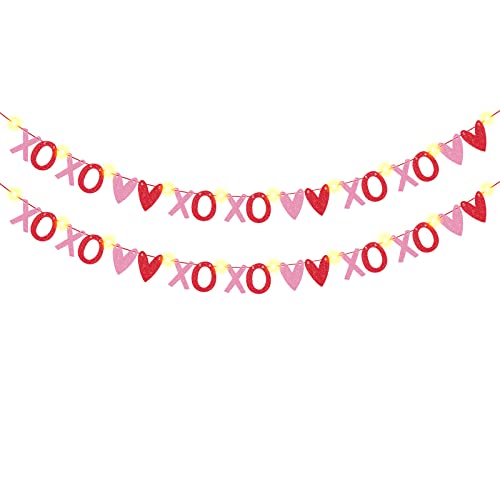 Happy Valentines Day Banner and Red Pink Glittery Heart Garland Banner Valentines Day Decorations Conversation Candy Hearts Banner, 20 Valentines Day Heart Sayings Pre-strung Garland Decorations (Style 2)