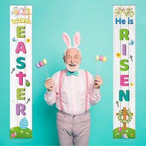 Happy Easter Porch Sign He is Risen Party Banner Welcome Easter Courtyard Holiday Decoration Indoor Outdoor Front Door Spring Floral Hanging Flag