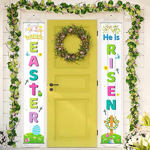 Happy Easter Porch Sign He is Risen Party Banner Welcome Easter Courtyard Holiday Decoration Indoor Outdoor Front Door Spring Floral Hanging Flag