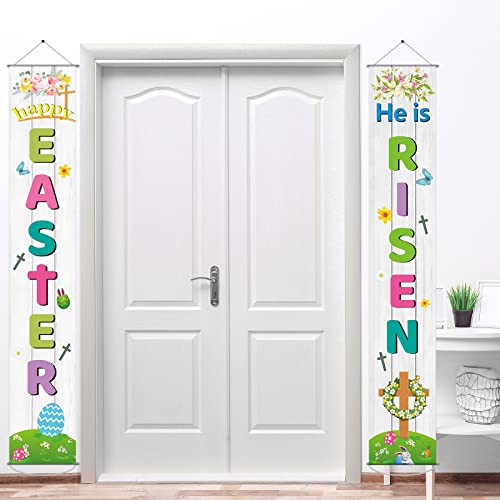 Happy Easter Porch Sign He is Risen Party Banner Welcome Easter Courtyard Holiday Decoration Indoor Outdoor Front Door Spring Floral Hanging Flag