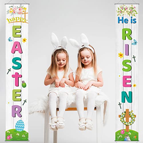 Happy Easter Porch Sign He is Risen Party Banner Welcome Easter Courtyard Holiday Decoration Indoor Outdoor Front Door Spring Floral Hanging Flag