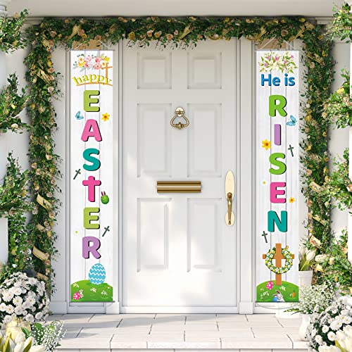 Happy Easter Porch Sign He is Risen Party Banner Welcome Easter Courtyard Holiday Decoration Indoor Outdoor Front Door Spring Floral Hanging Flag