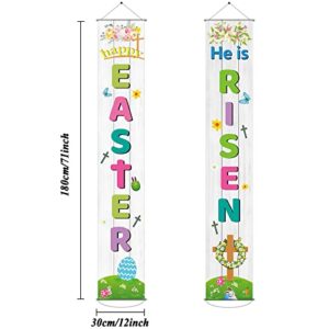 Happy Easter Porch Sign He is Risen Party Banner Welcome Easter Courtyard Holiday Decoration Indoor Outdoor Front Door Spring Floral Hanging Flag