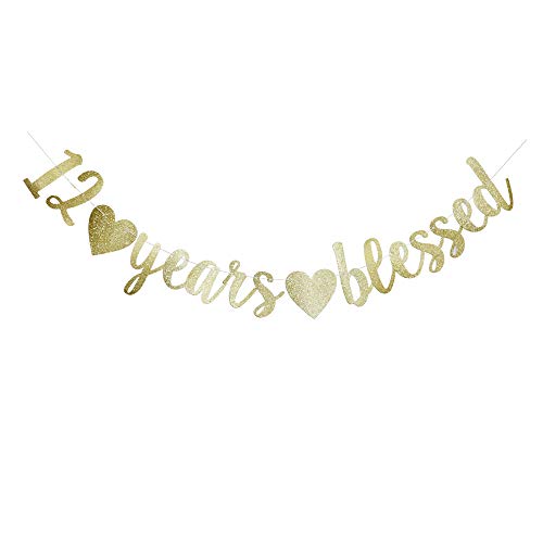 12 Years Blessed Banner, Funny Gold Glitter Sign for 12th Birthday/Wedding Anniversary Party Supplies Props