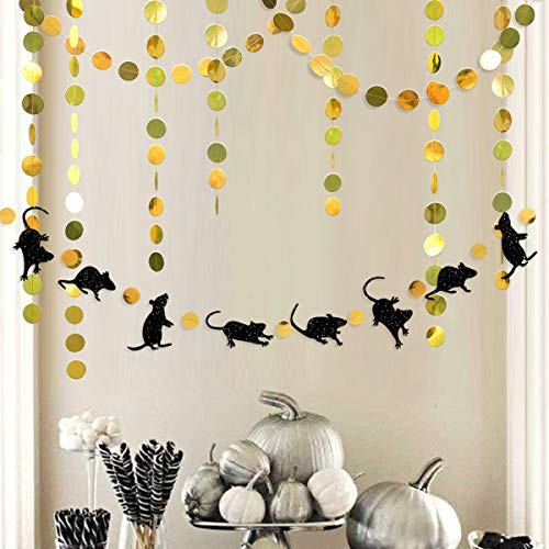 33 Ft Halloween Party Rat Banner Kit Double Sided Black Glitter Mice Gold Circle Dot Bunting Rats Garland Streamer for Happy Halloween Birthday Party Mouse Party Decorations Supplies