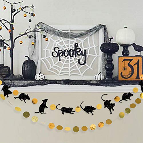 33 Ft Halloween Party Rat Banner Kit Double Sided Black Glitter Mice Gold Circle Dot Bunting Rats Garland Streamer for Happy Halloween Birthday Party Mouse Party Decorations Supplies