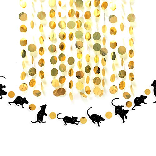 33 Ft Halloween Party Rat Banner Kit Double Sided Black Glitter Mice Gold Circle Dot Bunting Rats Garland Streamer for Happy Halloween Birthday Party Mouse Party Decorations Supplies