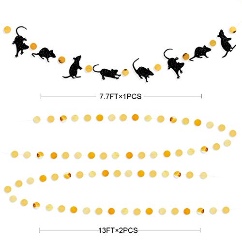 33 Ft Halloween Party Rat Banner Kit Double Sided Black Glitter Mice Gold Circle Dot Bunting Rats Garland Streamer for Happy Halloween Birthday Party Mouse Party Decorations Supplies