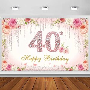 rose gold 40th birthday banner backdrop decorations for women, pink flower 40 years old birthday background sign party supplies, happy forty bday party decor for outdoor indoor
