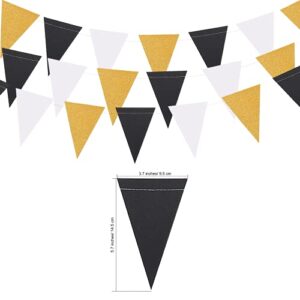 MerryNine Triangle Flag Bunting Banner, 3 Pack 30 Feet Vintage Style Pennant Banner for Wedding, Baby Shower, Event & Party Supplies 45pcs Flags (Triangle Flag - Black White Gold Glitter)