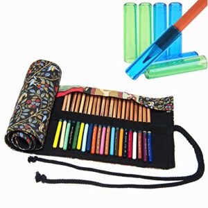 rayyxp colored pencils wrap roll up case 72 slots canvas portable pen holder pouch drawing coloring organizer stationery for student artist travel with 6pcs pencil caps – black tree