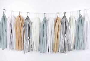 5-pack tan brwon gray cream white tissue paper tassel garland banner party streamers backdrop for neutral baby shower birthday wedding bridal shower bachelorette party nursery wall hanging decoration