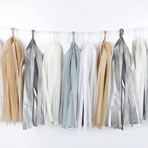 5-Pack Tan Brwon Gray Cream White Tissue Paper Tassel Garland Banner Party Streamers Backdrop for Neutral Baby Shower Birthday Wedding Bridal Shower Bachelorette Party Nursery Wall Hanging Decoration