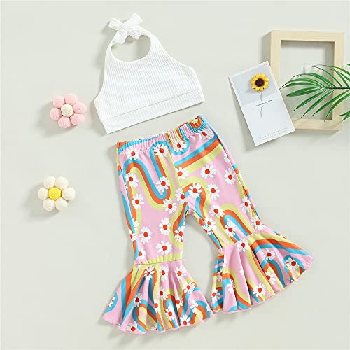 LAGKIYOJ Toddler Kids Baby Girl Boho Clothes Sleeveless Ribbed Tank Tops Floral Print Bell Bottoms Flare Pants Summer Outfit (White,12-18M)