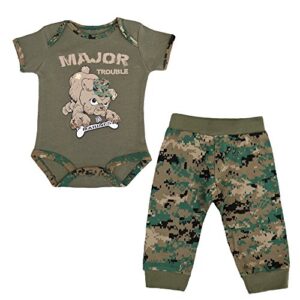 u.s.m.c. devil dog 2pc baby boys “major trouble” bodysuit pants set woodland marpat camo (9-12 months)