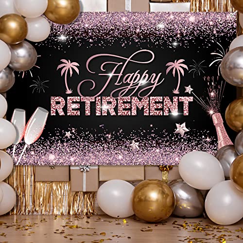 Happy Retirement Banner Backdrop Rose Gold Pink Decorations Background Photo Booth Prop for Women Men Photography Officially Retire Party Decor Supplies