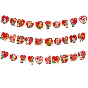 3pcs vintage valentine’s day decorations retro banner hanging valentine heart card decor garland with ropes for home wall fireplace decor anniversary party supplies, 30 cards
