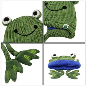 Suillty Toddler Kids Infant Winter Hat Cute Frog Earflap Knit Warm Cap Fleece Lined Beanie for Baby Boys Girls Green