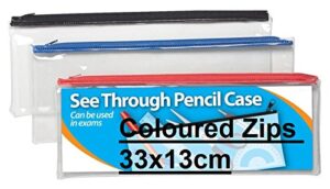2x range wholesale clear exam pencil case – coloured zips long 33x13cm ideal for office/back to school