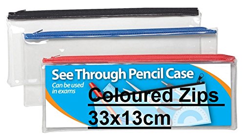 2x Range Wholesale Clear Exam Pencil Case - Coloured Zips long 33x13cm Ideal for Office/Back to School