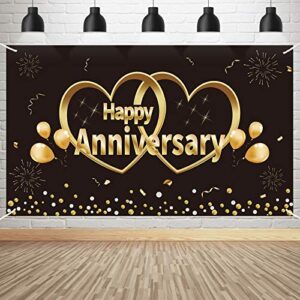 kauayurk happy anniversary banner backdrop decorations, extra large wedding anniversary party poster supplies, black gold anniversary decor photo booth for outdoor indoor(6x3.6ft)